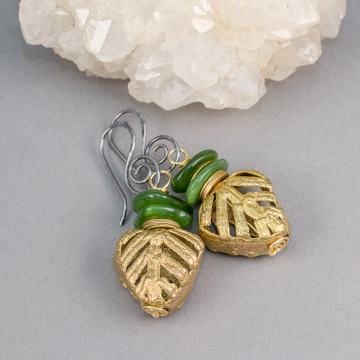 African Brass Bead Earrings with Genuine Jade Stones, Canadian Jade Earrings in Brass and Sterling Silver