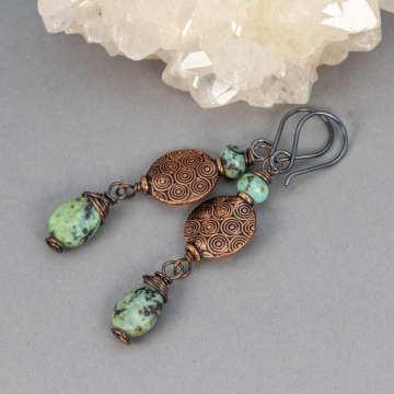 Mint Green Stone Earrings in Copper, Stone Dangle Earrings with African Turquoise Jasper Stones