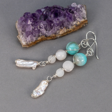 Tapered Sterling Silver Wire Wrapped Earrings with Matte Agate Amazonite and Stick Pearls