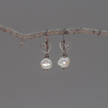 Sterling Silver Wire Wrapped Pearl Earrings, Artisan Earrings with Heart Motif and Baroque Pearls