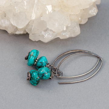 Rustic Turquoise Nugget Earrings in Dark Patina Sterling Silver, Naturally Veined Genuine Turquoise Earrings