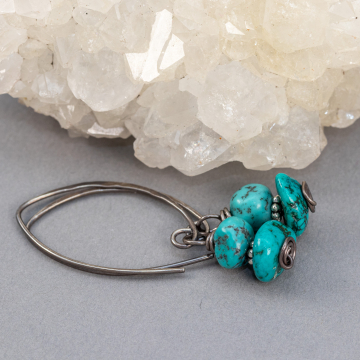 Rustic Turquoise Nugget Earrings in Dark Patina Sterling Silver, Naturally Veined Genuine Turquoise Earrings
