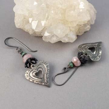 Rustic, Vintage-look Heart Dangle Earrings with Pewter Heart Charms, Pink and Green Natural Gemstones