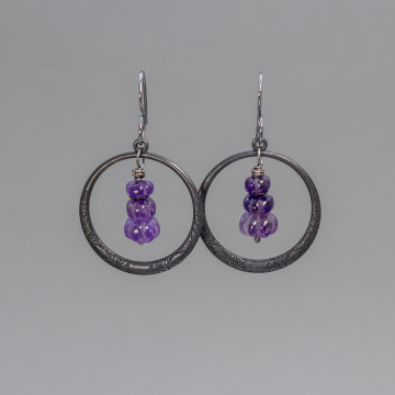 Black Brass Circle Earrings with Carved Amethyst Gemstones