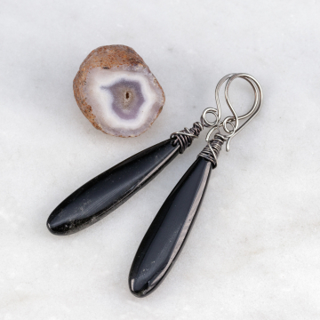 Elegant Black Stone Teardrop Earrings, Obsidian Earrings Sterling Silver