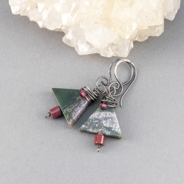 Green Stone Christmas Tree Earrings in Sterling Silver, Bloodstone Mookaite and Garnet Natural Stone Holiday Earrings