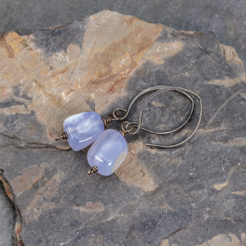 Simple Dangle Earrings with Natural Blue Chalcedony, Rustic Dark Patina Sterling Silver Handmade Tumbled Stone Earrings