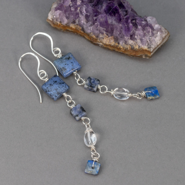 Blue Stone and Silver Linked Dangle Earrings in Sterling Silver