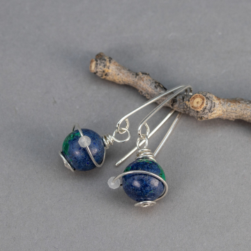 Blue Globe Earrings, Drop Earrings with Stones that look like Planet Earth