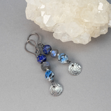 Blue Stone Earrings with Handcrafted Dangling Sterling Silver Charms, Lapis, Labradorite, and K2 Granite Earrings
