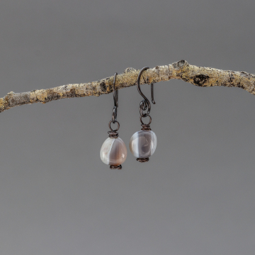 Natural Botswana Agate Pebble Earrings, Little Copper Earrings with Brown Grey White Striped Stones