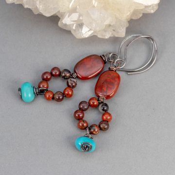 Red Brecciated Jasper Earrings with Genuine Turquoise, Handmade Red Stone Dangle Earrings
