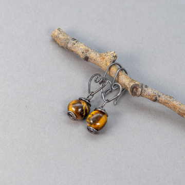 Dainty Golden Brown Tiger's Eye Pebble Earrings in Oxidized Sterling Silver, Silver Heart Earrings with Tigereye Stone