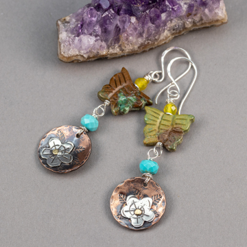 Turquoise Butterfly Earrings with Handcrafted Copper Silver and Brass Flower Charms