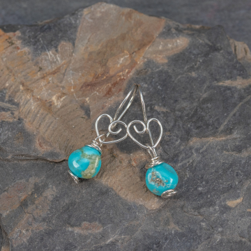 Genuine Turquoise Earrings on Handcrafted Ear Wires with Heart Motif, Campitos Turquoise Pebble Earrings