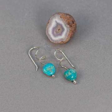 Curlicue Silver Earrings with Campitos Turquoise, Genuine Turquoise Drop Earrings in Whimsical Minimalist Style