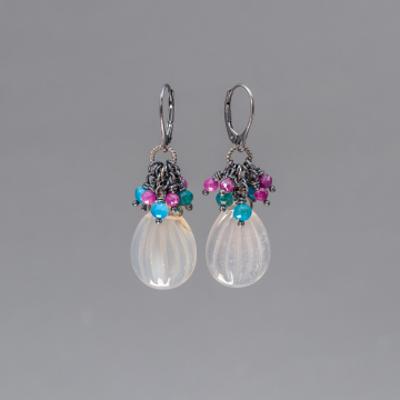 Carved Agate Teardrop Earrings with Gemstone Cluster of Ruby and Apatite