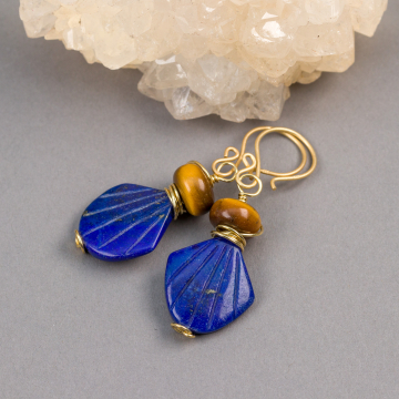 Brown and Blue Stone Earrings, Royal Blue Lapis Lazuli and Golden Brown Tiger's Eye Gemstone Earrings