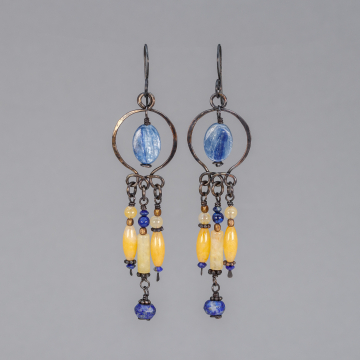 Natural Stone Chandelier Earrings in Copper, Yellow and Blue Stone Boho Dangle Earrings
