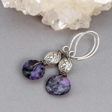 Charoite Earrings in Sterling Silver, Purple Stone and Silver Bead Earrings