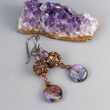 Charoite Copper Dangle Earrings with Ornate Bali Style Copper Beads