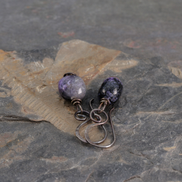 Simple Rustic Drop Earrings with Charoite Nuggets, Blackened Sterling Silver Purple Stone Earrings