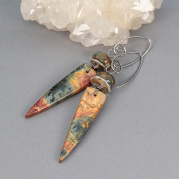 Picasso Jasper Earrings, Oxidized Sterling Silver Earrings with Red Creek Jasper Stones in Golden Brown, Gray, and Red