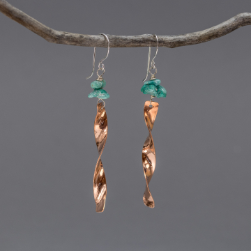 Copper "Windchime" Earrings with Turquoise Chips, Mixed Metal Sculptural Earrings