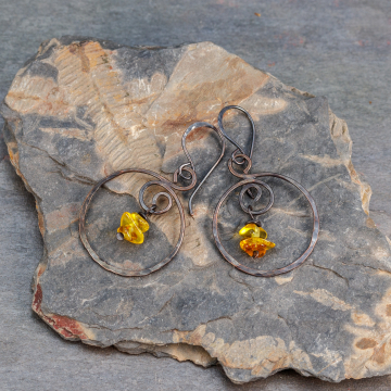 Copper Hoop Dangle Earrings with Amber, Rustic Amber Earrings