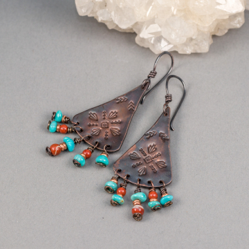 Western Style Copper Earrings with Gemstone Fringe, Turquoise and Jasper Earrings