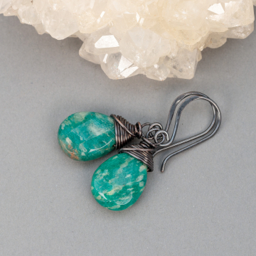 Teal Green Russian Amazonite Natural Stone Earrings, Copper Wire Wrapped Stone Drop Earrings
