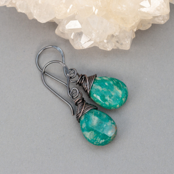 Teal Green Russian Amazonite Natural Stone Earrings, Copper Wire Wrapped Stone Drop Earrings
