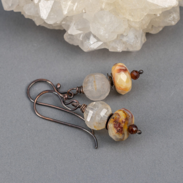 Beaded Agate Earrings in Copper, Golden Quartz and Yellow Crazy Lace Agate Natural Stone Earrings