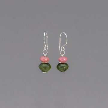 Pink and Green Stone Earrings, Tiny Drop Earrings with Rhodonite and Serpentine Natural Stones