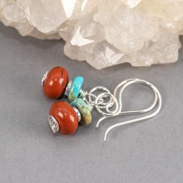 Small Earrings with Red Jasper and Turquoise, Sterling Silver Red Stone Earrings