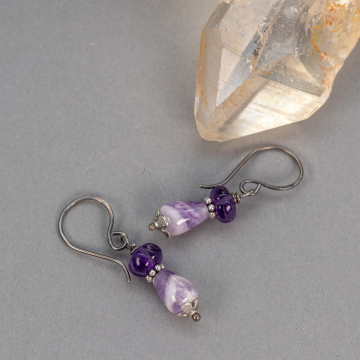 Dainty Purple Stone Earrings, Small Beaded Drop Earrings with Chevron Amethyst and Carved Amethyst