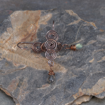 Spiral Design Earrings with Tiny Labradorite Gemstones, Antiqued Copper Earrings Ancient Spirals