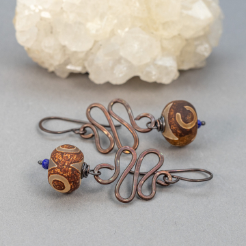 Organic Copper Squiggle Earrings with Etched DZI Style Agate Stones