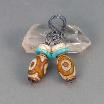 Mock Dzi Bead Earrings, Tibetan Style Agate Stone Earrings with Natural Magnesite and Turquoise, Three Eye Pattern Beaded Earrings