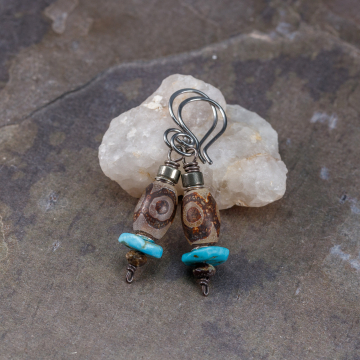Stone Beaded Earrings with Genuine Turquoise, Agate, and Pyrite Stones, Etched Agate "dZi" Bead Earrings