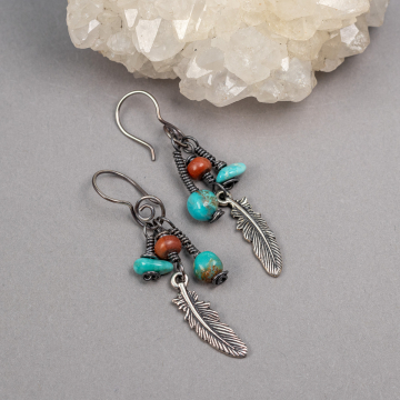 Feather Charm Dangle Earrings with Red Jasper and Genuine Turquoise