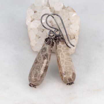 Taupe Stone Drop Earrings in Sterling Silver, Fossil Coral Agate Earrings