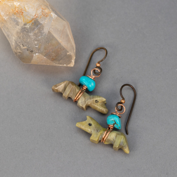 Brown Stone Carved Fox Earrings with Kingman Turquoise Nuggets, Nickel-free earrings