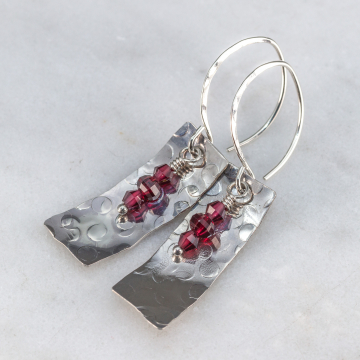Hammered Silver Dangle Earrings with Red Garnet Gemstones, Garnet Earrings Sterling Silver