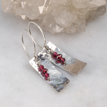 Hammered Silver Dangle Earrings with Red Garnet Gemstones, Garnet Earrings Sterling Silver