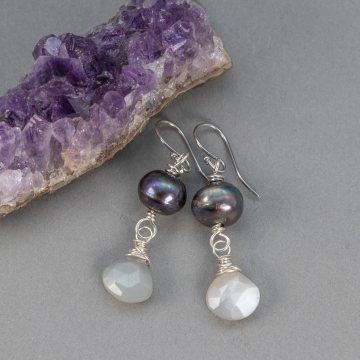 Gray Moonstone and Black Pearl Dangle Earrings