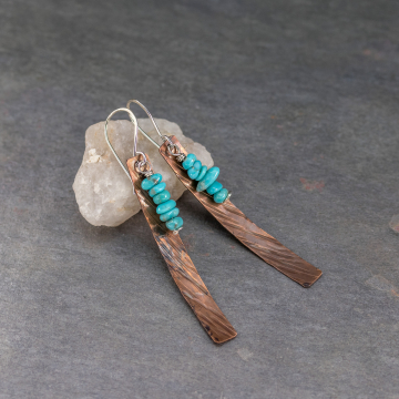Long Copper Dangle Earrings with Campitos Turquoise Stones, Hammer Textured Copper, Southwest Statement Earrings