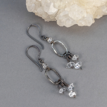 Sparkling Herkimer Diamond Dangle Earrings, Natural Quartz Crystal Earrings in Oxidized Silver