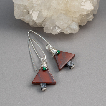 Christmas Tree Earrings with Triangular Jasper Stones, Sterling Silver