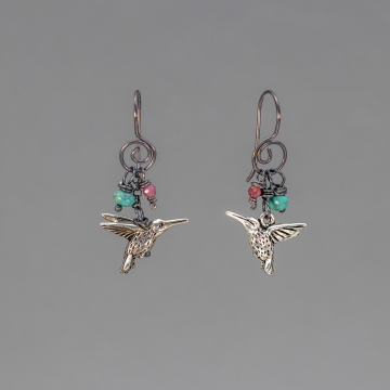 Nature-Inspired Earrings with Hummingbird Charms, Turquoise and Tourmaline Gemstones